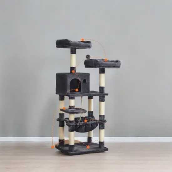 FEANDREA 56.3in Cat Tower for Large Cats Indoor Cat Tree Cat Condo with Scratching Posts, Hammock, Plush Perch, Cat Furniture - Smoky Gray image {4}