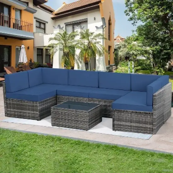 COWLOWN 7 Piece Outdoor Garden, Patio Furniture Set, Black Rattan Sectional Loveseat Couch Set, Conversation Sofa for Poolside, Backyard, Porch image {7}