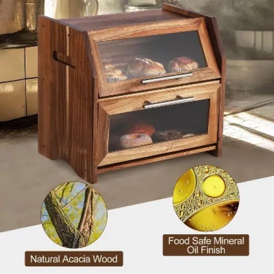 Countertop Bread Box Double Layer Wooden Corner Bread Storage Container image {5}