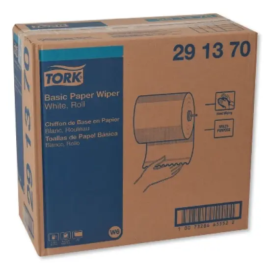 Tork Basic Paper Wiper Roll Towel, 1-Ply, 7.68" x 1,150 ft, White, 4 Rolls/Carton image {1}
