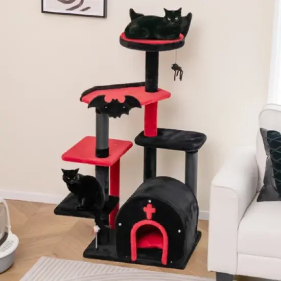 Costway 6-Tier Gothic Cat Tree 53&rdquo; Tall Cat Tower w/ Cat Bed Arch-Shaped Condo Pompom image {3}
