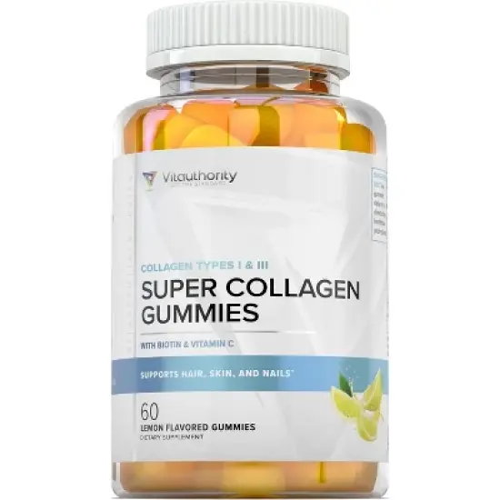 Super Collagen Gummies, Collagen Type I & III Supplement for Healthy Hair, Skin, & Nails, Lemon Flavor, Vitauthority , 60ct image {7}