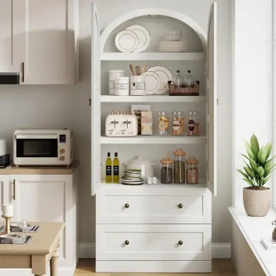 72" Tall Arched Kitchen Pantry Cabinet, Farmhouse Wood Pantry Storage Cabinet with Drawers, Door, Freestanding Versatile Pantry Cabinets image {6}