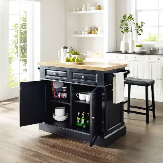 Oxford Kitchen Island with 2 Upholstered Saddle Stools Black - Crosley image {2}