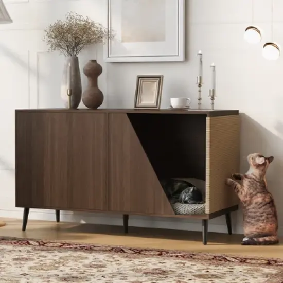 53'' Cat Litter Box Enclosure, Wooden Hidden Litter Box Furniture with Sisal Scratcher Coffee Table, Cat House Storage Sideboard for Living Room image {7}