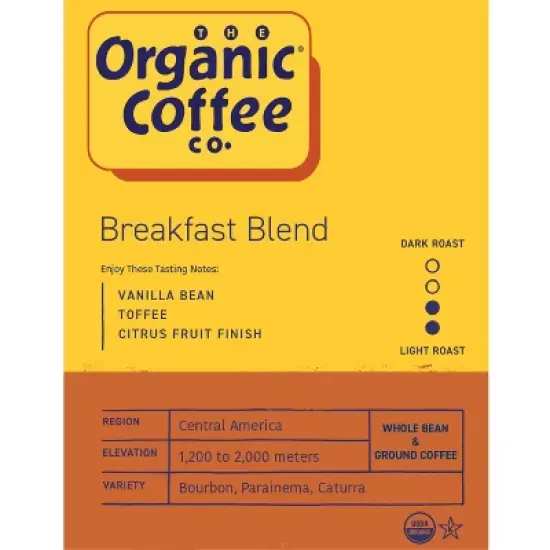 Organic Coffee Co., Breakfast Blend, 2lb (32oz) Whole Bean Coffee image {2}
