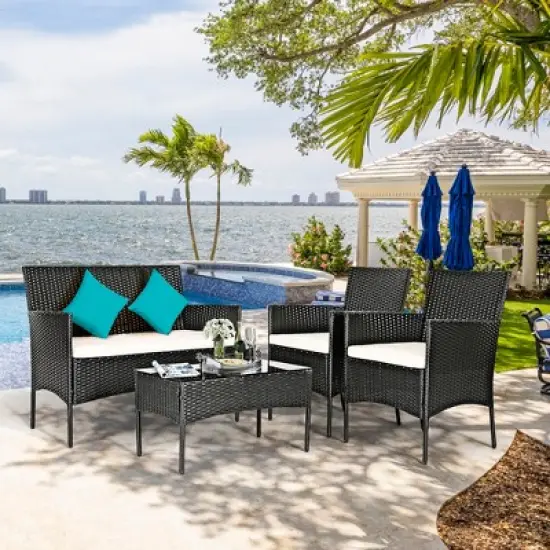 Costway 8PCS Patio Rattan Furniture Set Cushioned Sofa Coffee Table Backyard Turquoise\Red image {4}