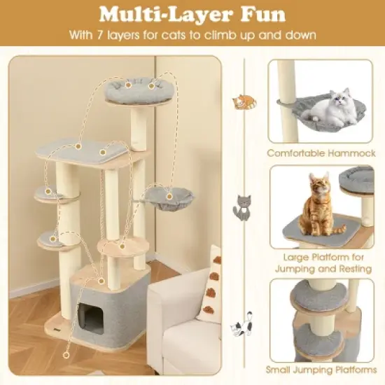 Tangkula 63" Tall Modern Cat Tree w/ Perch Condo Hammock 5.6" Scratching Posts image {3}