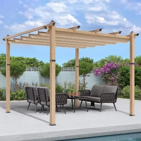 Retractable Aluminum Pergola &ndash; 10x10/10x13 Ft Wood-Grain Design, Adjustable Sunshade & Rust-Proof Frame for Patio/Backyard/Garden image {12}