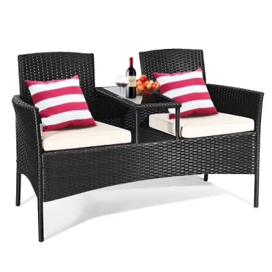 Tangkula Outdoor Conversation Furniture Set Rattan Wicker Loveseat Sofa Chair image {5}