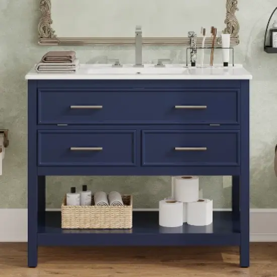 Christopher Knight Home Lowell Contemporary 36" Bathroom Vanity with Ceramic Sink, Tip-Out Tray, 2 Drawers and Open Shelf image {8}