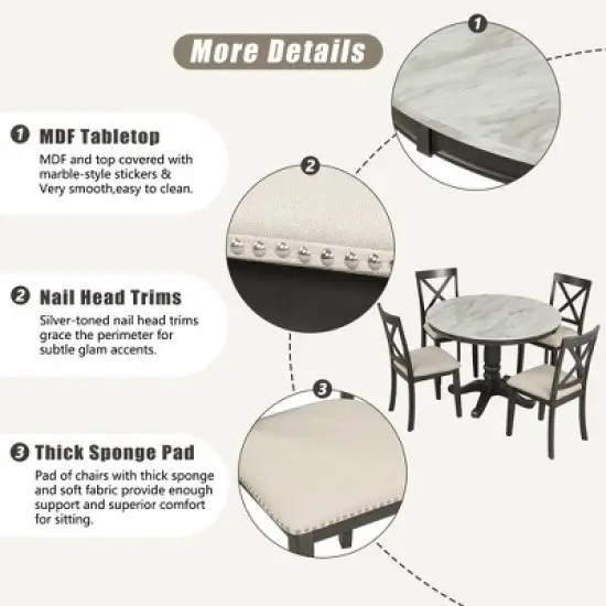 5-Piece Dining Set with Solid Wood Table and 4 Chairs, Gray - ModernLuxe image {9}
