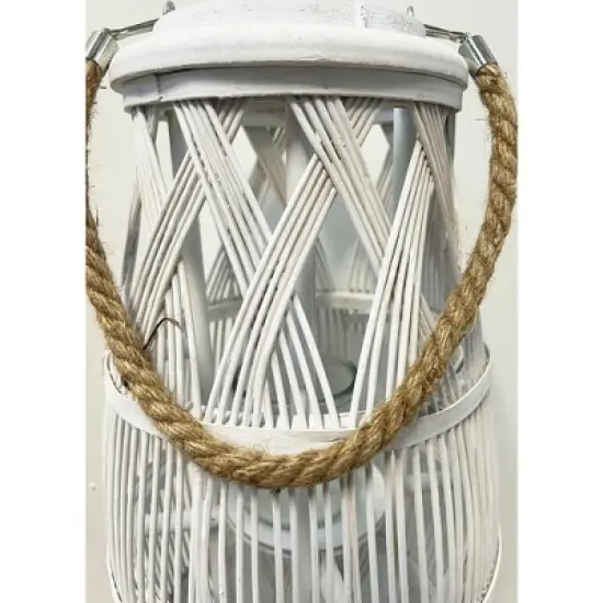 Essential Decor & Beyond 20.5" Tropical White Bamboo Hanging Lantern With Glass Candle Holder and Rope Handle Decorative Accent image {5}