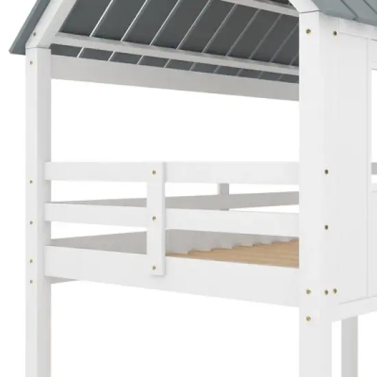 Twin over Twin Low Bunk Beds with House Shaped Roof and Guardrail, White-ModernLuxe image {11}