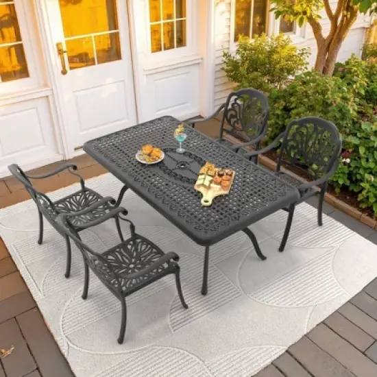 5-Piece Cast Aluminum Outdoor Dining Set with Brown Cushions, Rectangle Table & Stackable Chairs - for Patio, Backyard image {1}