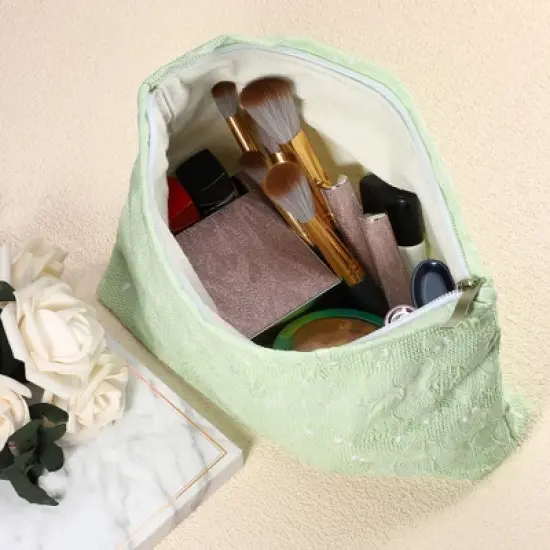 Unique Bargains Travel Canvas Floral Zipper-Closure Light Green 1 Pc image {2}