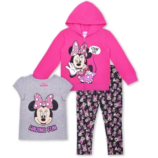 Disney Girls 3-Pack Minnie Mouse Having Fun Graphic Shirt, Zip Up Hoodie and Legging Pant Set for kids image {7}