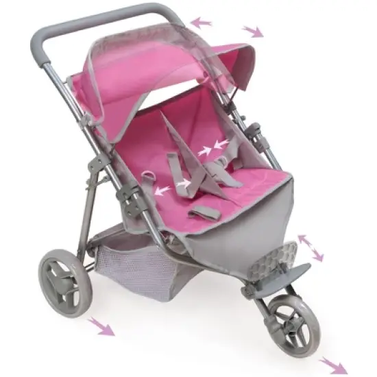 Badger Basket Trek 3-Wheel Folding Twin Doll Jogging Stroller - Gray/Pink image {1}