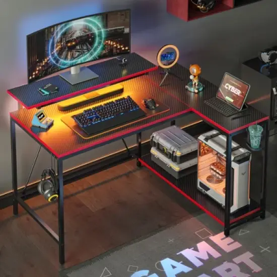 Pinmoco 42 inch Reversible L-Shaped Gaming Desk with LED Light Monitor Stand Headphone Hook & Storage Shelves for Home Office image {16}