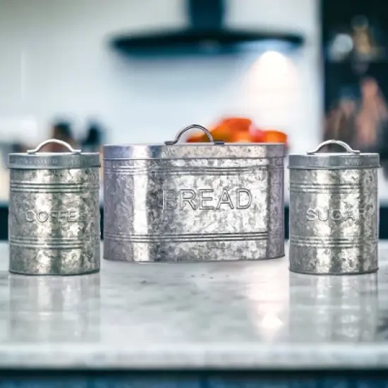 Amici Home Rustic Kitchen Coffee, Sugar, and Bread Relief Galvanized Metal Storage Canister, Food Safe, Set of 3, 76 & 288 Ounce image {2}