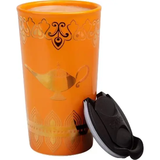 Disney Aladdin Travel Coffee Mug, 16oz - Insulated, Ceramic To-Go Cup with Lid - Gold Genie Lamp & Make A Wish Design - Gift for Teen, Adults & image {1}