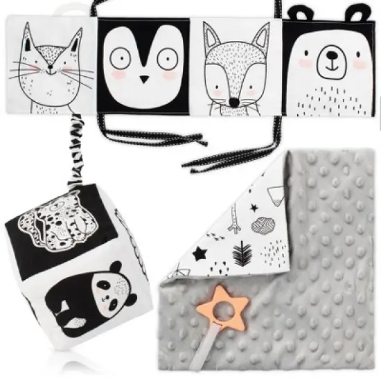 Tummy Time Toys Set: High Contrast Book, Toy Block, Crinkle Paper & Teether - Sensory Development Toys for Newborns & Infants 0-6 Months image {8}