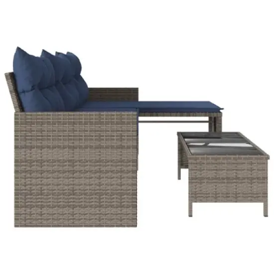 vidaXL 3-Seater L-Shaped Patio Sofa Set with Table - Gray Poly Rattan, Navy Cushions, Powder-Coated Steel Frame & Glass Top image {5}