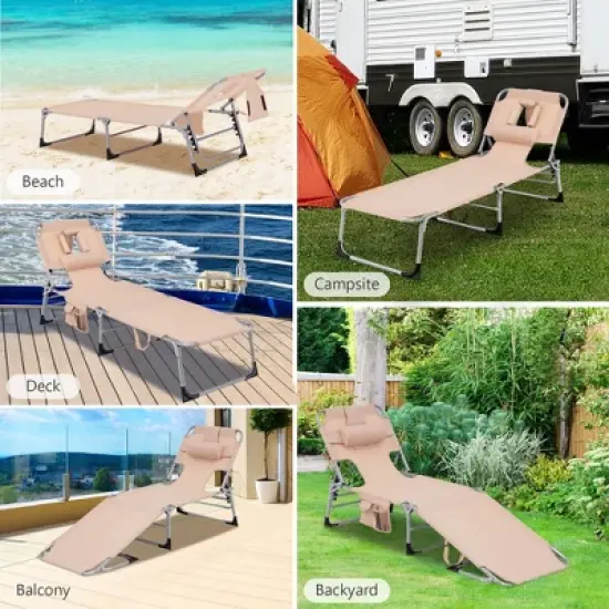 Costway 2PCS Outdoor Beach Lounge Chair Folding Chaise Lounge with Pillow Beige image {8}