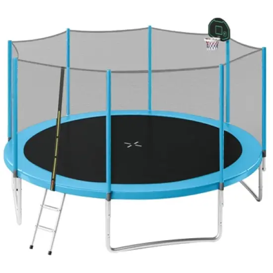 DSVIMOY 14FT Trampoline for Kids with Safety Enclosure Net, Basketball Hoop and Ladder, Round Outdoor Recreational Trampoline, Blue, 168"*168"*105" image {5}