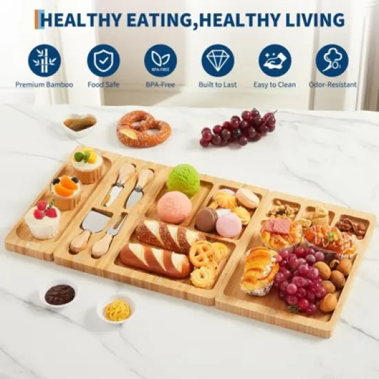 GustoWave 3-in-1 Large Cheese Cutting Board Set, Bamboo Food Cutting Board Gift Set with Knife Set, Party Dessert or Deli Cutting Board Set image {3}