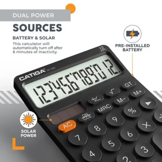 CATIGA 12-Digit Desktop Calculator, Large LCD, Big Buttons, Solar & Battery Dual Power, Standard Functions for Office, Home, School - SD-1292 image {3}