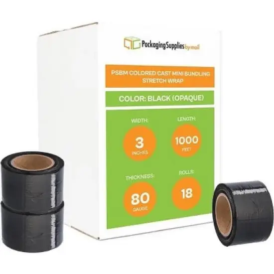 PSBM 18 Rolls 3" x 1000 Ft. Black Hand Wrap Stretch Shrink Film with Handle, 80 Ga image {2}