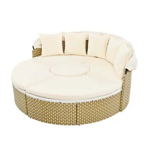 4-Pieces Outdoor Patio Rattan Round Daybed Sunbed with Retractable Canopy and Table image {14}