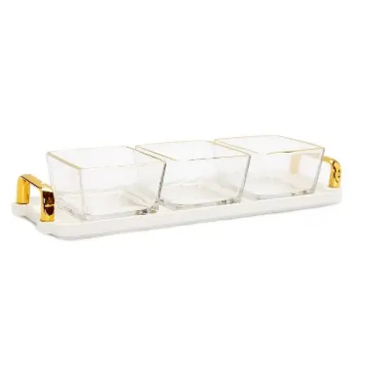 Classic Touch 3 Bowl Serving Dish White Tray and Glass Bowls with Gold Trim - 13.5"L image {3}