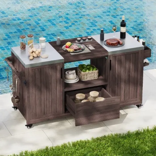 Outdoor Kitchen Island, Solid Wood Outdoor Grill Cart, Grill with Wood Frame and Stainless Steel Top, Grill with Wheels-Coolbibila image {8}