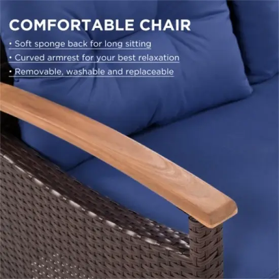 FIONECA 4-Piece Patio Furniture Set, PE Rattan Outdoor Sofa with Cushions & Wood Table, Garden Conversation Set, Brown & Blue image {3}