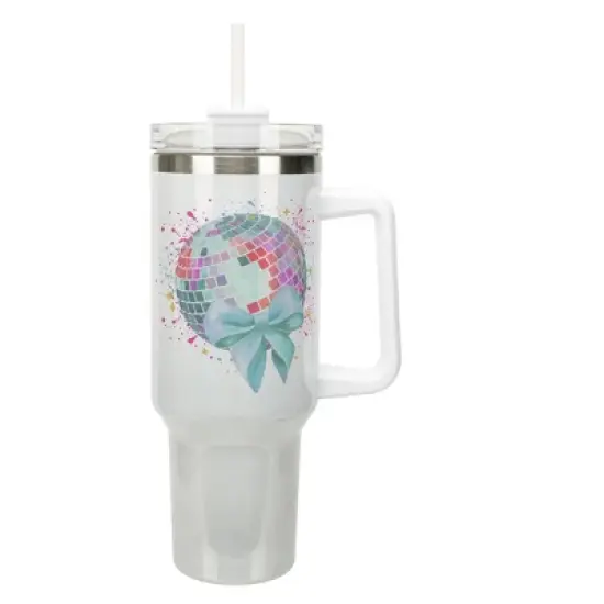 Elanze Designs Retro Disco Ball & Bow Paint Splatter Coquette 40 Oz. Stainless Steel Water Bottle Coffee Mug, Spill & Leak Resistant, Travel Tumbler image {1}