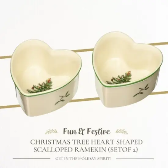 Spode Christmas Tree 3.5" Heart Ramekins Set of 2 - Oven Safe Porcelain Ramekin Dishes for Souffl&eacute;, Cr&egrave;me Br&ucirc;l&eacute;e, Custard- Microwave & Dishwasher Safe image {1}