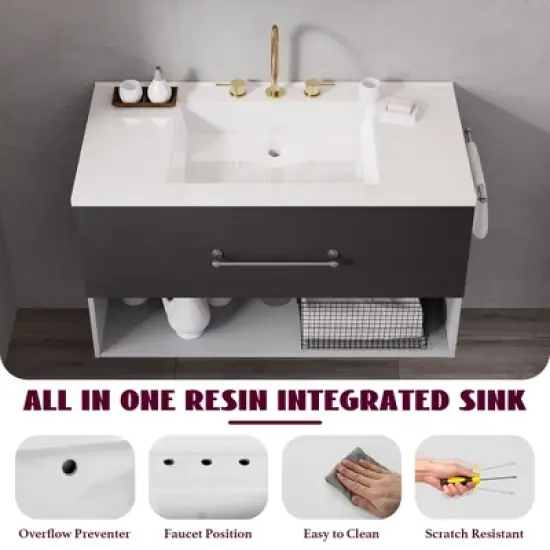 Hyleory 36 inch Single Bathroom Vanity with Resin Sink One Drawer and Towel Rack image {7}