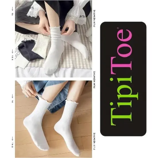 Tipi Toe Womens 6 Pairs Harmonious Neutral-Vibrance Crew Length Turn-Cuff Solid Lettuce Edge Lace Ruffle Socks image {2}