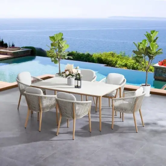 Minimalist Rectilinear Patio Group Engineered Wood Table + Architectural Frame Chairs w/ GridWeave Backrests image {1}