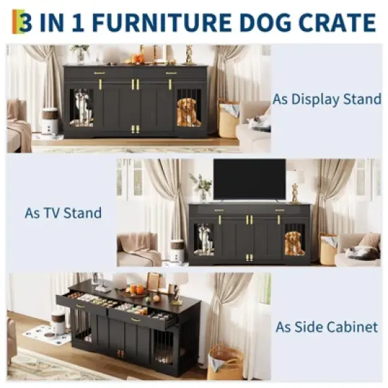 71" Dog Crate Furniture for 2 Dogs, Chew-Resistant Double Dog Kennel with 2 Drawers &  Sliding Doors, Decorative TV Stand End Table for Living Room image {4}