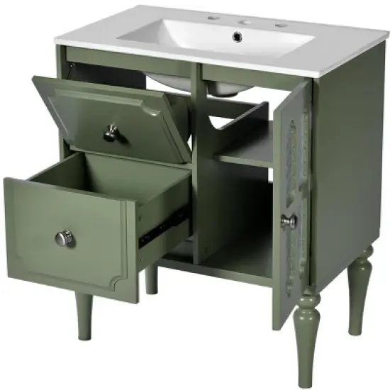 30'' Retro-Style Bathroom Vanity with Ceramic Sink, Freestanding Storage Cabinet with 2 Soft-Closing Drawers & Door, Green -ModernLuxe image {7}