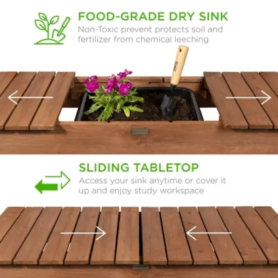 Best Choice Products Wood Garden Potting Bench Workstation Table w/ Sliding Tabletop, 4 Locking Wheels, Dry Sink image {1}