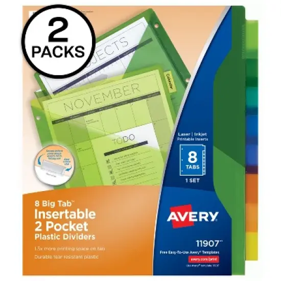 Avery 8-Tab Dividers, Insertable Multicolor Big Tabs, 2 Sets of 11907 image {7}