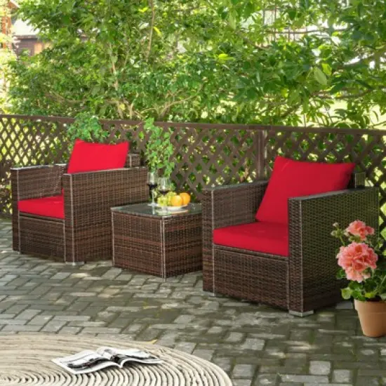 Costway 3PCS Patio Rattan Furniture Set Conversation Sofa Cushioned Turquoise\Red image {3}