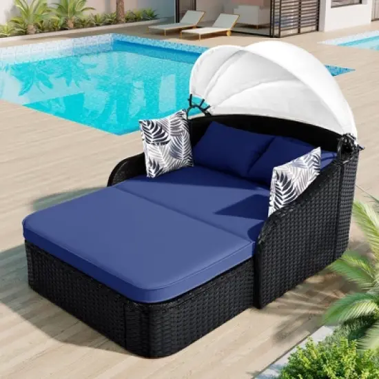 FURNIinspire Patio Chaise Lounges Outdoor Sunbed With Adjustable Canopy, Patio Chaise Lounge, Black Wicker Daybed And Blue Cushion, 79.9&ldquo;*52.4"*49.6" image {5}