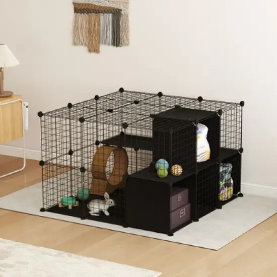 PawHut Pet Playpen Small Animal Cage 56 Panels with Doors, Ramps and Storage Shelf for Rabbit, Kitten, Chinchillas, Guinea Pig and Ferret image {2}