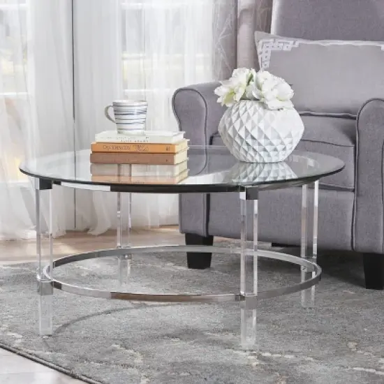 Elowen Modern Round Coffee Table Clear - Christopher Knight Home: Acrylic, Tempered Glass, Iron Frame, for Living Room image {1}