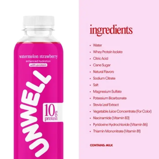 Unwell Hydration Protein Drink with Electrolytes and 10g Whey Protein Isolate Watermelon Strawberry - 16.9 fl oz image {7}